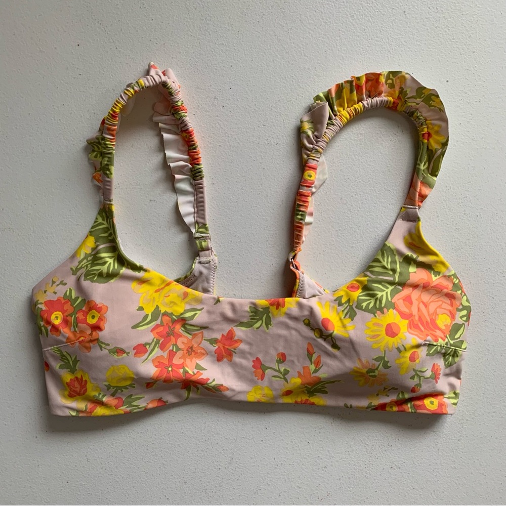 Aerie Floral Scoop Bikini Top Size XL Ruffle Strap Tan Yellow Orange NWOT